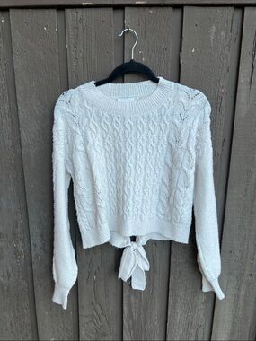 Pink Rose Cream Cable-Knit Tie-Front Crewneck Sweater